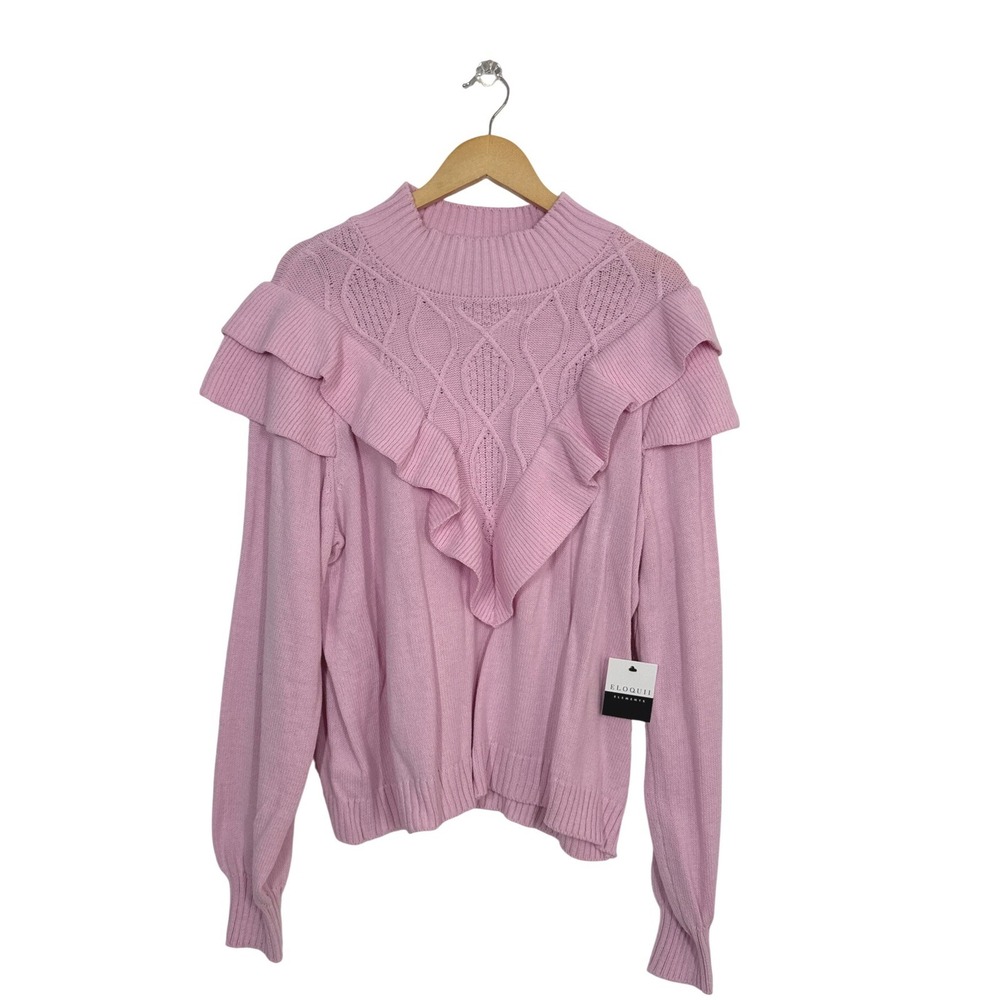Eloquii Elements Sweater Womens 18/20 Pink NEW Ruffle Cable Knit Mock Neck Plus